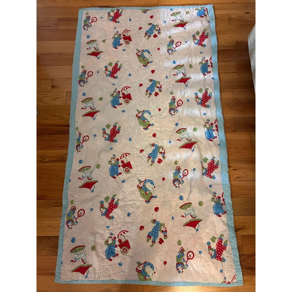 Vintage Handmade Circus Clown Quilt Pink Blue Nursery Blanket Retro Kitsch